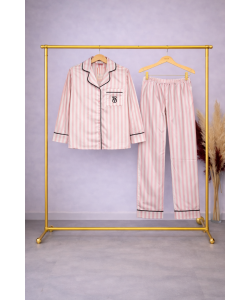 Pembe Çizgili Saten Pijama Takımı