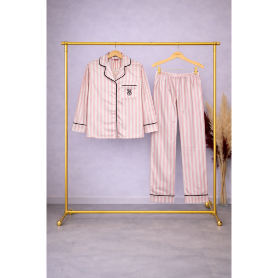 Pembe Çizgili Saten Pijama Takımı