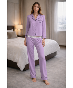 Çizgili Lila Saten Pijama Takımı