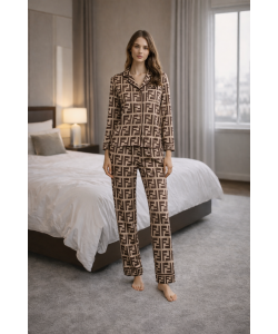 Desenli Saten Pijama Takımı