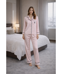Pembe Çizgili Saten Pijama Takımı