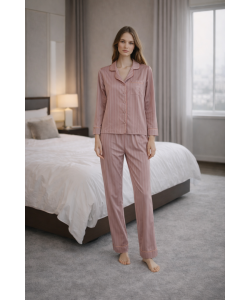 Somon Çizgili Saten Pijama Takımı