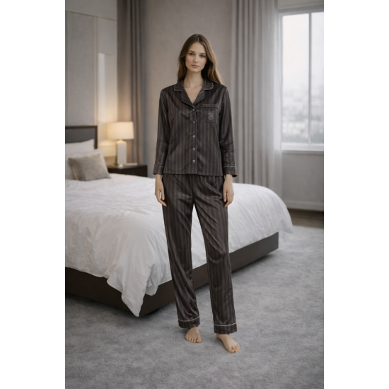 Gri Çizgili Kadife Pijama Takımı