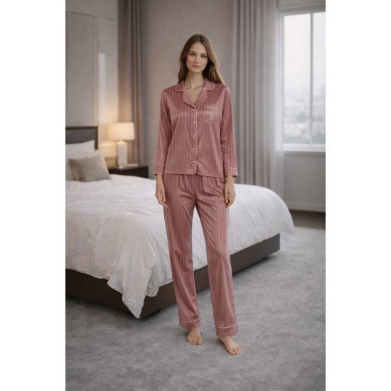 Gri Çizgili Kadife Pijama Takımı