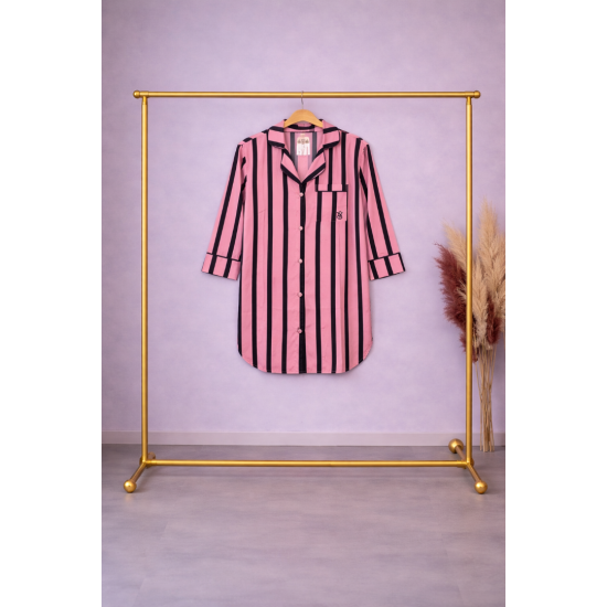 Siyah Pembe Çizgili Saten Tunik