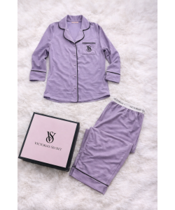 Çizgili Lila Saten Pijama Takımı