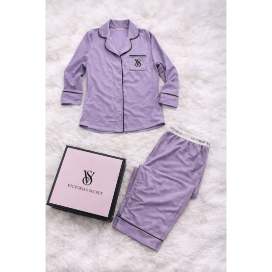 Çizgili Lila Saten Pijama Takımı