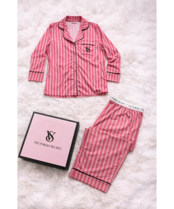 Çizgili Pembe Saten Pijama Takımı