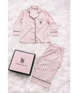 Pembe Çizgili Saten Pijama Takımı