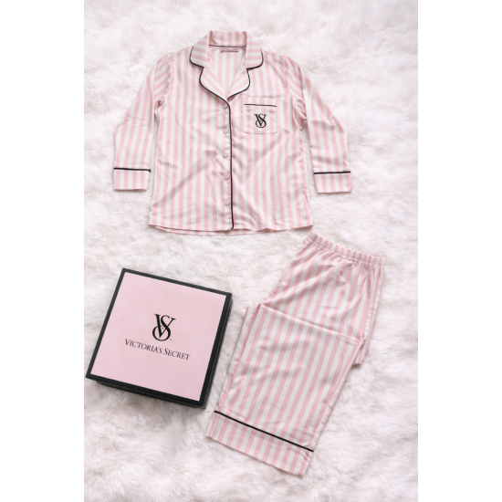 Pembe Çizgili Saten Pijama Takımı