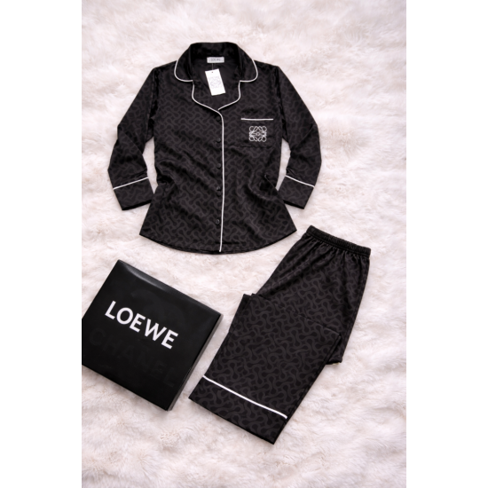 Siyah Desenli Saten Pijama Takımı