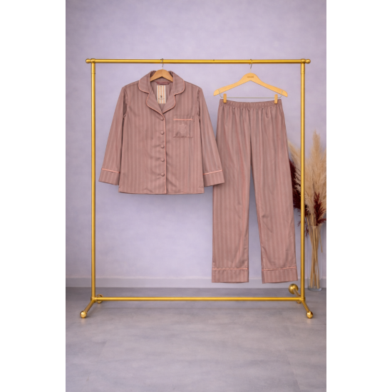 Somon Çizgili Saten Pijama Takımı