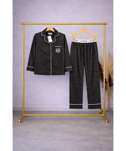 Siyah Desenli Saten Pijama Takımı