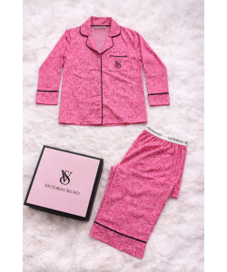 Pembe Desenli Saten Pijama Takımı