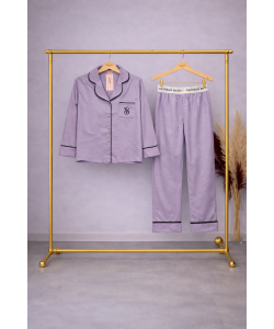 Çizgili Lila Saten Pijama Takımı