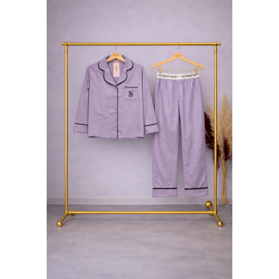 Çizgili Lila Saten Pijama Takımı