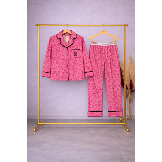 Pembe Desenli Saten Pijama Takımı