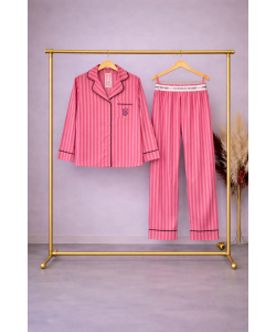 Çizgili Pembe Saten Pijama Takımı