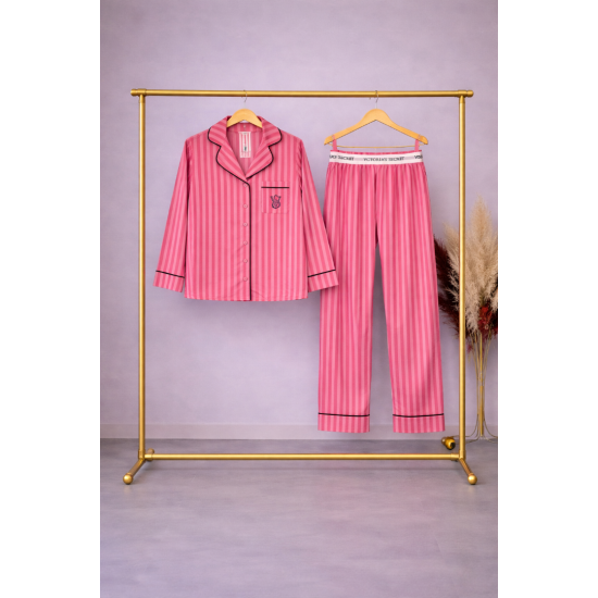 Çizgili Pembe Saten Pijama Takımı