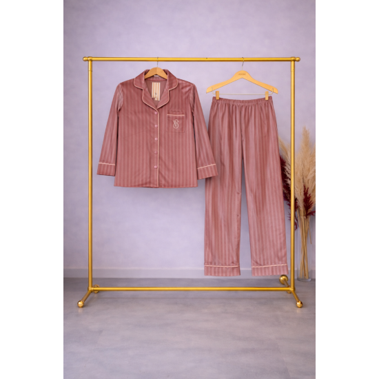 Gri Çizgili Kadife Pijama Takımı